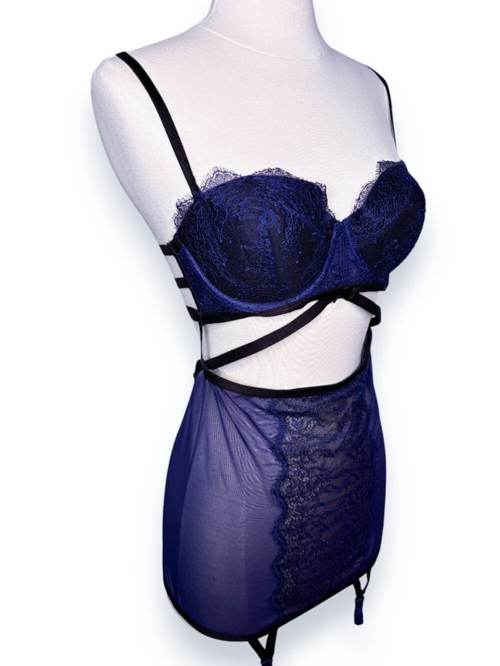 Victoria's Secret Blue Mesh Lace Black Strappy Cutout Lingerie Size 36B - Picture 3 of 6